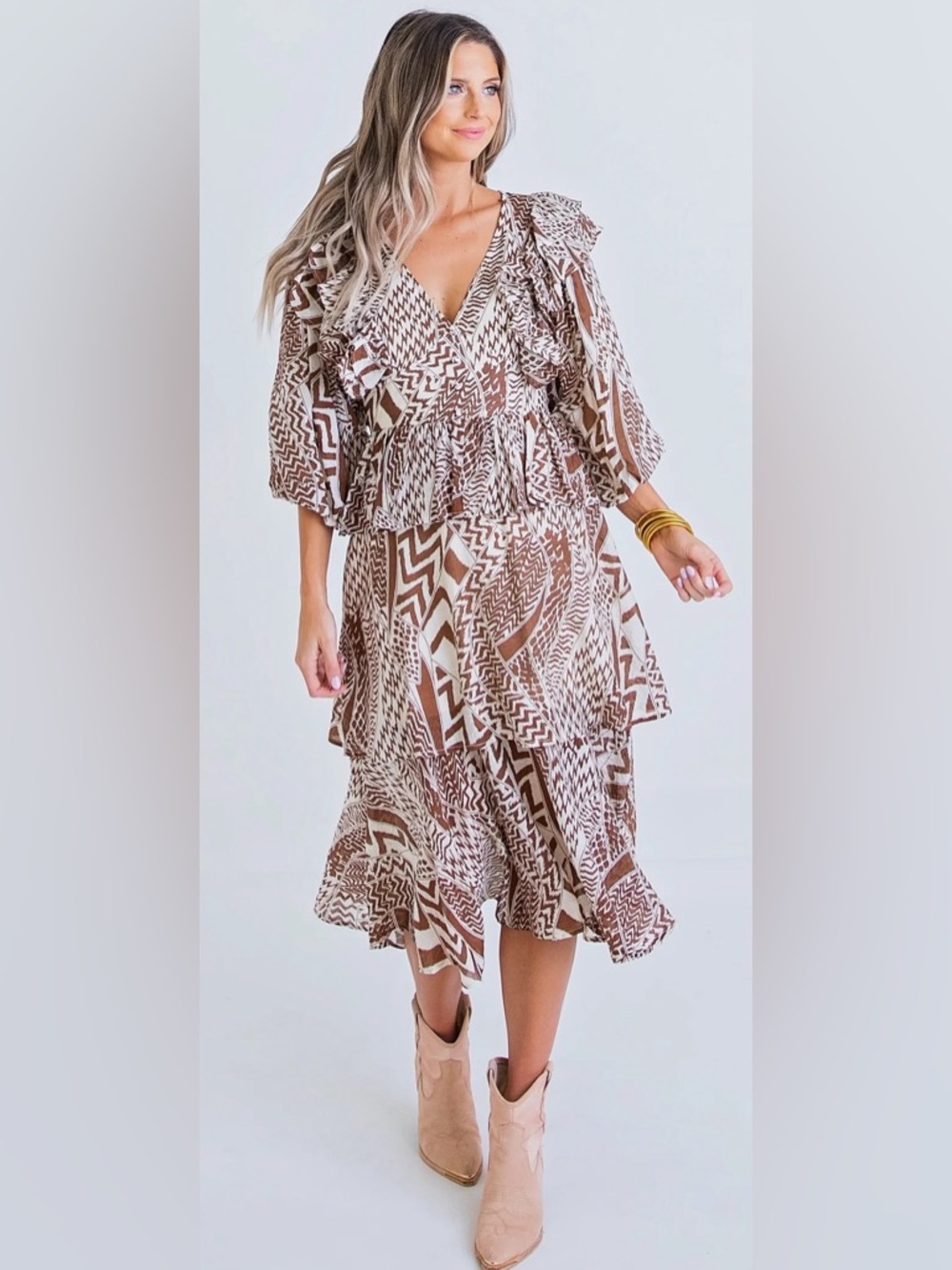 Karlie GEOMETRIC TRIBAL VNECK RUFFLE BROWN AND CREAM MIDI DRESS Size Small - Picture 11 of 12
